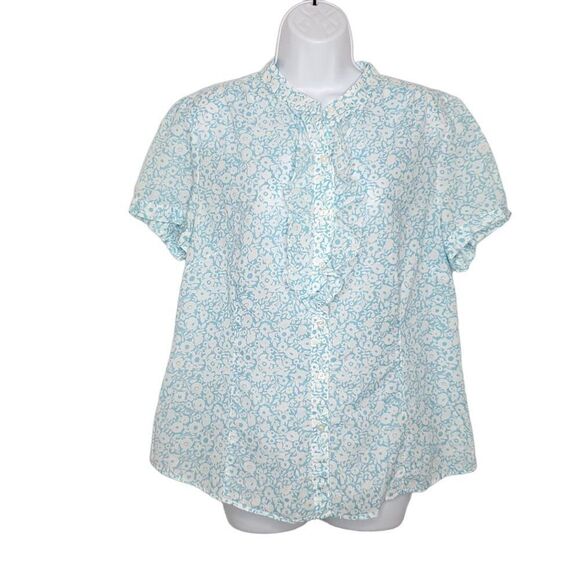 LL Bean Floral Short Sleeve Ruffle Blouse Sz L Blue White Cottagecore Prairie - Picture 1 of 4